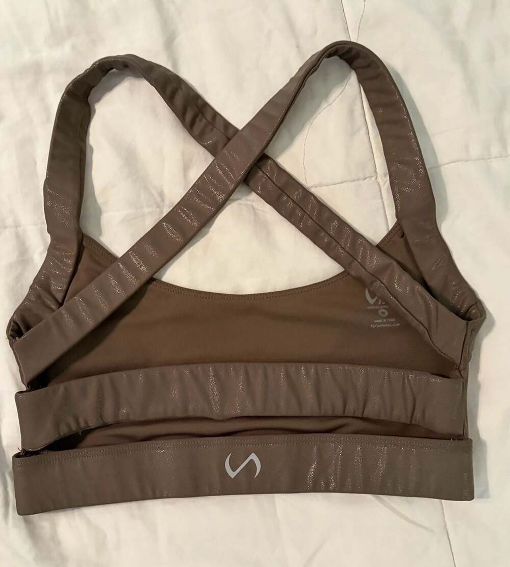 TLF Apparel Women's Sports Bra with Criss-Cross Back in Metallic Brown Workout